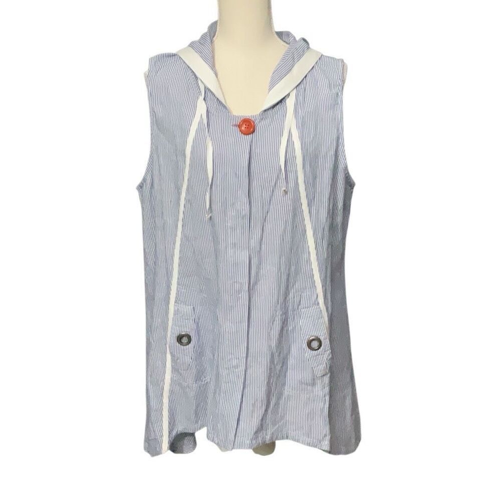 For Cynthia Blue White Striped Hooded Linen Blend Shirt Snap Closure Size XL
